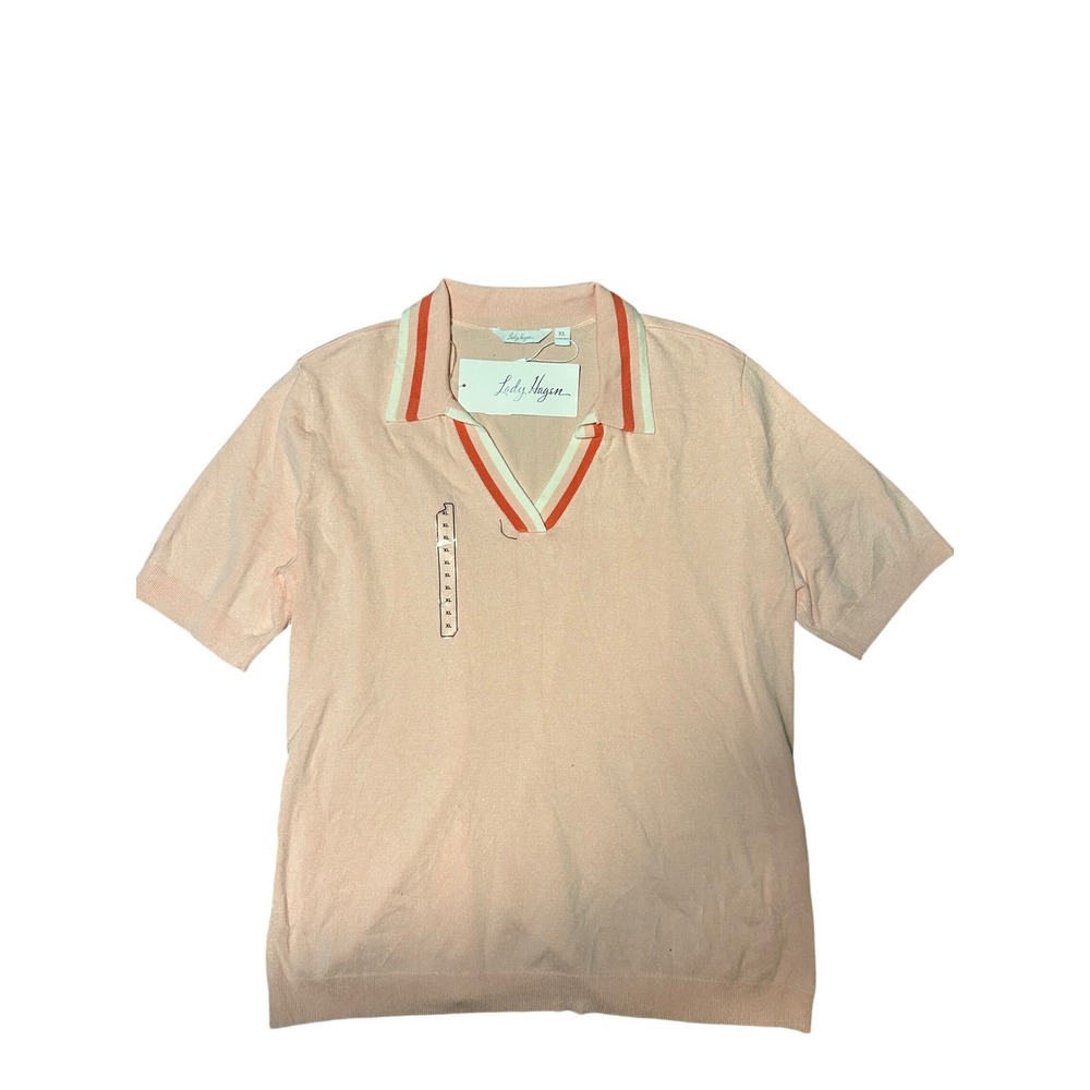 Lady Hagen Womens Peach Pink Knit Polo Sweater V-Neck Short Sleeve XL NWT